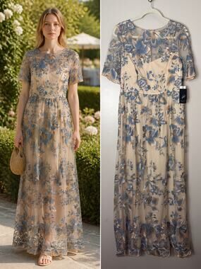 NWT ADRIANNA PAPELL DRESS 12 TAN BLUE FLORAL WEDDING GUEST MOTHER OF THE BRIDE